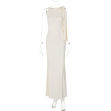Women's Summer Fashion Chic One Shoulder Floater Solid Color Long Dress
