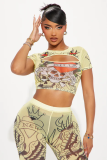 Summer Print Fashion Casual Hollow Short Sleeve Two Piece Pants Set