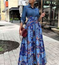 Plus Size Women Casual Denim Patchwork Print Shirt Dress Plus Size Women Casual Denim Patchwork Print Shirt Dress