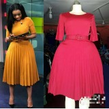 Plus Size Women Summer Short Sleeve High Waist Pleated Dress