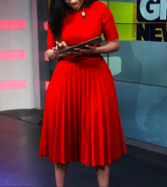 Plus Size Women Summer Short Sleeve High Waist Pleated Dress