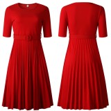Plus Size Women Summer Short Sleeve High Waist Pleated Dress