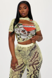 Summer Print Fashion Casual Hollow Short Sleeve Two Piece Pants Set
