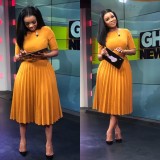 Plus Size Women Summer Short Sleeve High Waist Pleated Dress