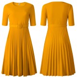 Plus Size Women Summer Short Sleeve High Waist Pleated Dress