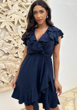 Women's Summer Ruffled V-Neck Solid Color Casual Dress