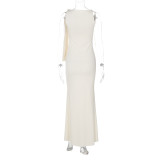 Women's Summer Fashion Chic One Shoulder Floater Solid Color Long Dress