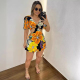 Printed Hollow Lace-Up Ruffle Short Sleeve Jumpsuit