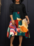 Women Round Neck Casual Contrast Print Dress