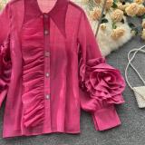 Women Fashion Turndown Collar Ruffled Loose Shirt