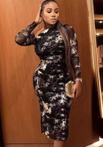 Fall Women Printed Slash Shoulder Bodycon Long Sleeve Dress