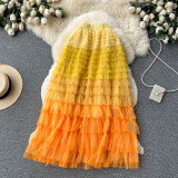 Women  Irregular Gradient Cascading Ruffles Puffy Mesh Skirt