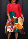 Women Round Neck Casual Contrast Print Dress