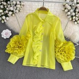 Women Fashion Turndown Collar Ruffled Loose Shirt