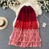Women  Irregular Gradient Cascading Ruffles Puffy Mesh Skirt
