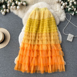 Women  Irregular Gradient Cascading Ruffles Puffy Mesh Skirt