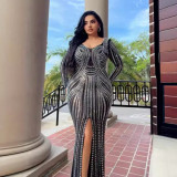 Women Sexy Beaded Bodycon Backless Slit Stretch Maxi Dress