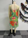 Women Sexy Printed Suspender Slit Dress and Shorts Two-piece Set