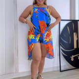Women Sexy Printed Suspender Slit Dress and Shorts Two-piece Set