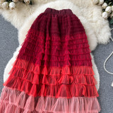 Women  Irregular Gradient Cascading Ruffles Puffy Mesh Skirt