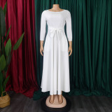 Women's Fall Winter Fashion Chic Solid long sleeve Belted African Plus Size Maxi Dress