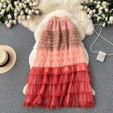 Women  Irregular Gradient Cascading Ruffles Puffy Mesh Skirt