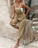 Women Pocket Cargo Elastic Lace-Up Wide Leg Overalls