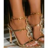Women Gold Rhinestone Gemstone Rhinestone Stiletto Heel Open Toe Sandals