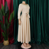 Women's Fall Winter Fashion Chic Solid long sleeve Belted African Plus Size Maxi Dress