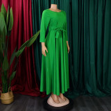 Women's Fall Winter Fashion Chic Solid long sleeve Belted African Plus Size Maxi Dress