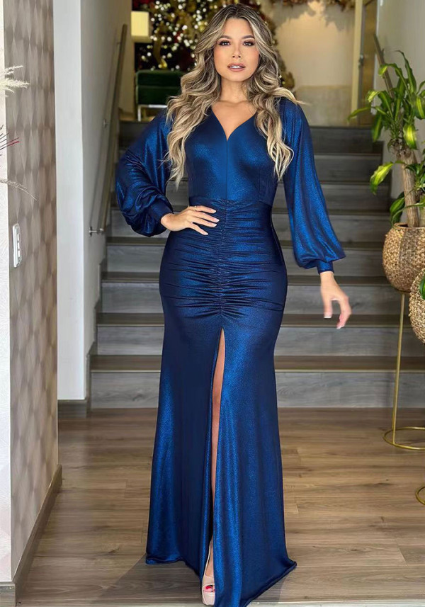 Women Chic Pleated Puff Sleeve Slit Mermaid Dress