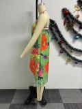 Women Sexy Printed Suspender Slit Dress and Shorts Two-piece Set