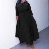 Women's Fall Winter Fashion Chic Solid long sleeve Belted African Plus Size Maxi Dress