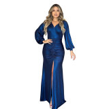 Women Chic Pleated Puff Sleeve Slit Mermaid Dress