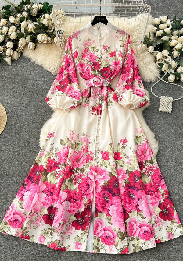 Women Printed French Puff Sleeve Dress