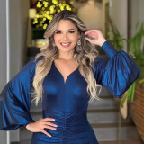 Women Chic Pleated Puff Sleeve Slit Mermaid Dress