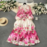 Women Printed French Puff Sleeve Dress