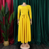 Women's Fall Winter Fashion Chic Solid long sleeve Belted African Plus Size Maxi Dress