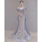 Women Off Shoulder Sequin Party Mermaid Evening Dress（Processing time need 3-6 days）