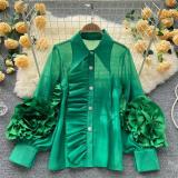 Women Fashion Turndown Collar Ruffled Loose Shirt