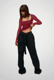 Women's Long Sleeve Solid Color Square Neck Sexy Mesh Top