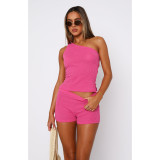 Women's One Shoulder Sleeveless Sweater Ribbed Shorts Two Piece Set