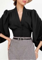 Autumn V-Neck Women's Blouse Chic Lantern Sleeve Slim Long-Sleeved Shirt