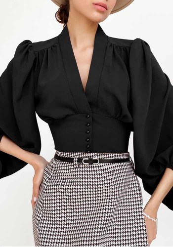 Autumn V-Neck Women's Blouse Chic Lantern Sleeve Slim Long-Sleeved Shirt