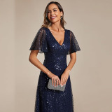 Plus Size V-Neck Ruffle Sleeve Shiny Sequin Evening Dress（Processing time need 3-6 days）