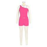 Women's One Shoulder Sleeveless Sweater Ribbed Shorts Two Piece Set