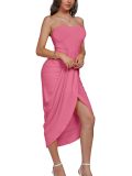 Women's Strapless Ruffled High Waisted Wrap Slit Beach Trendy Maxi Dress