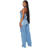 Halter Slim-Waisted Straight-Leg Loose Stretch-Denim Jumpsuit
