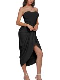 Women's Strapless Ruffled High Waisted Wrap Slit Beach Trendy Maxi Dress