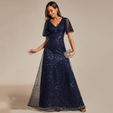 Plus Size V-Neck Ruffle Sleeve Shiny Sequin Evening Dress（Processing time need 3-6 days）